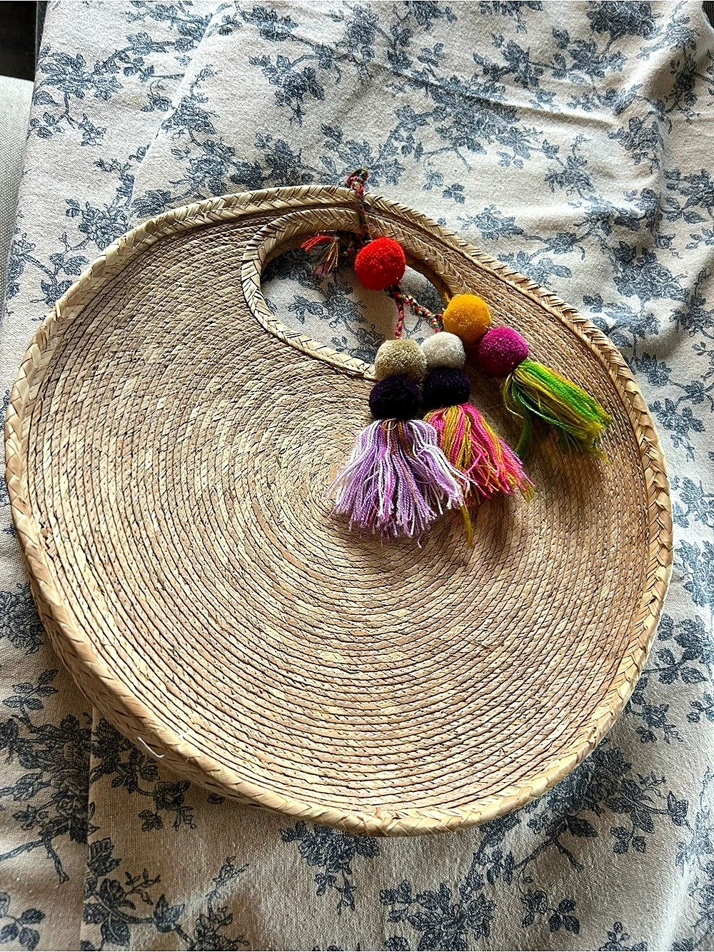 Boho Round Straw Tote with Pom Poms